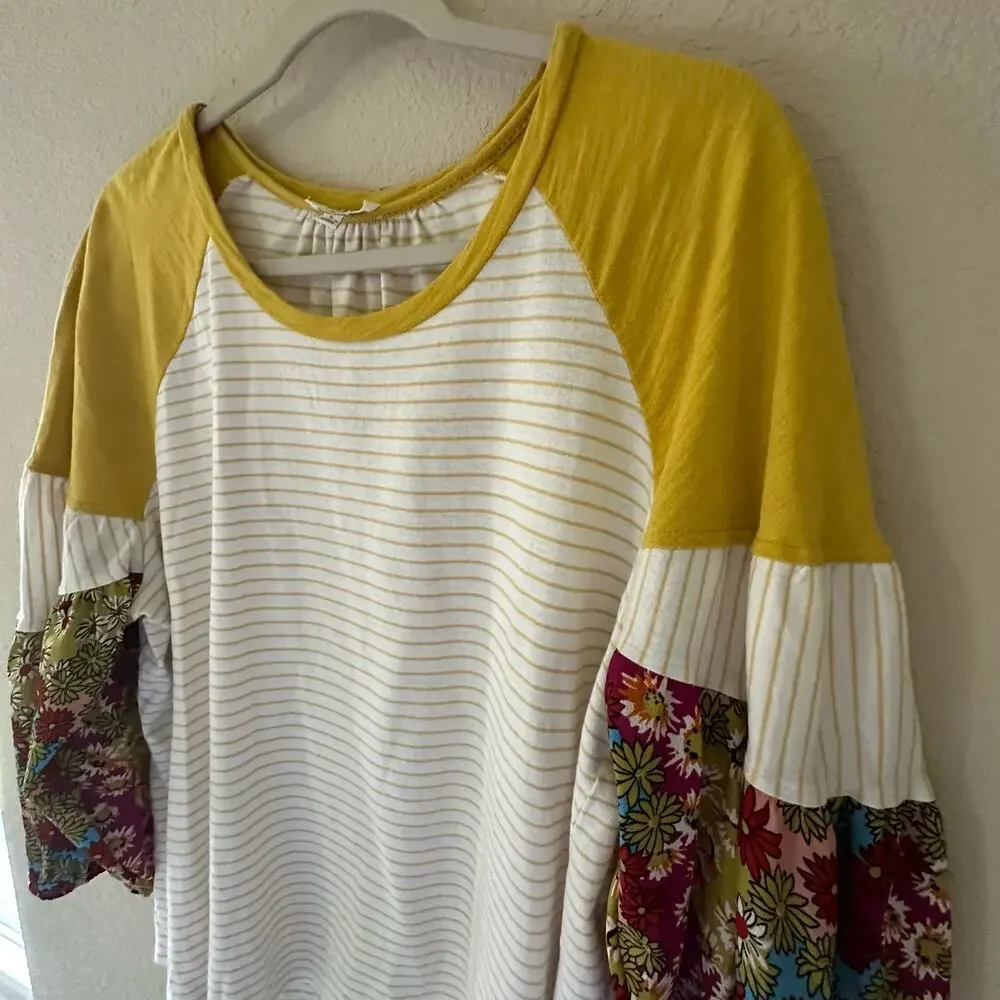 Umgee | Size L Yellow Striped Floral Sleeve Shirt Bubble Sleeve Boho Vintage